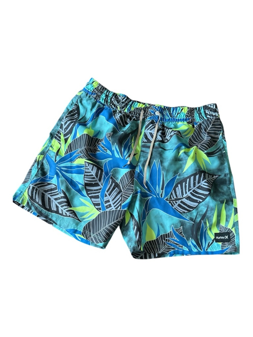 Hurley Blue and Black Swim Trunks with Tropical Design Size Large